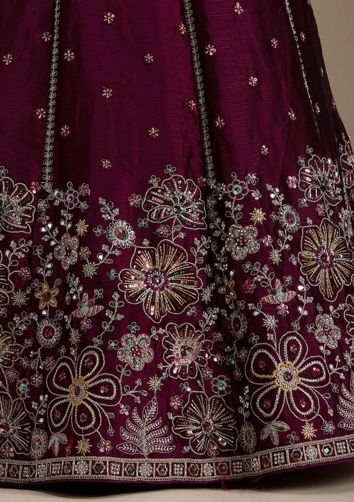 Wine Zariwork Satin Semi-Stitched Lehenga-koskii