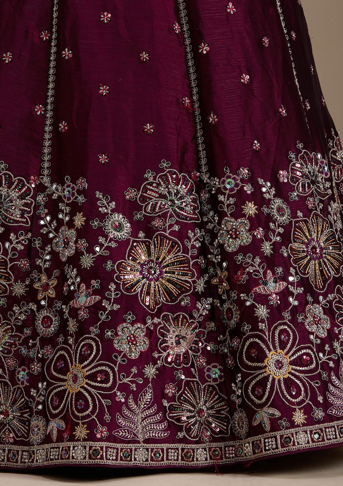 Wine Zariwork Satin Semi-Stitched Lehenga-koskii