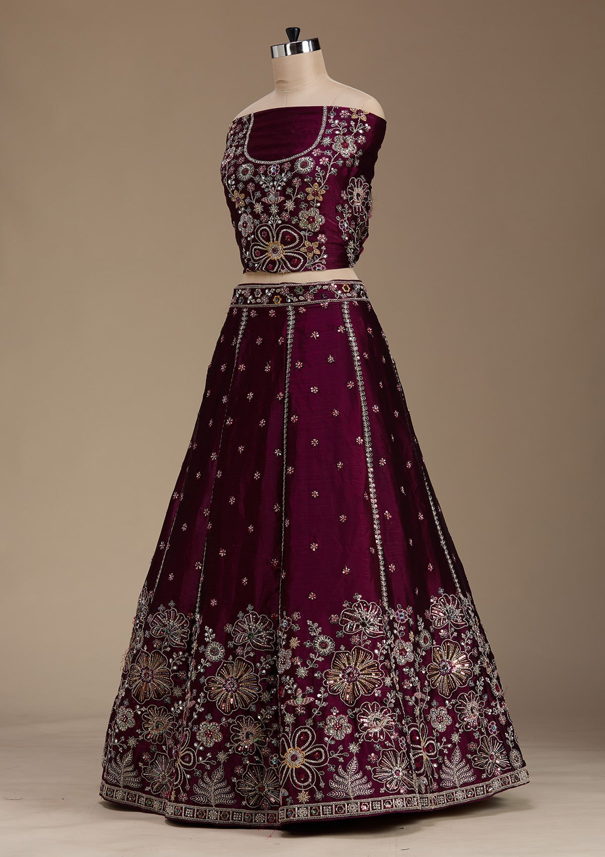 Wine Zariwork Satin Semi-Stitched Lehenga-koskii