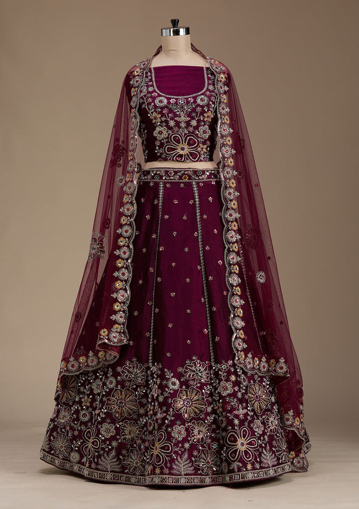 Wine Zariwork Satin Semi-Stitched Lehenga-koskii
