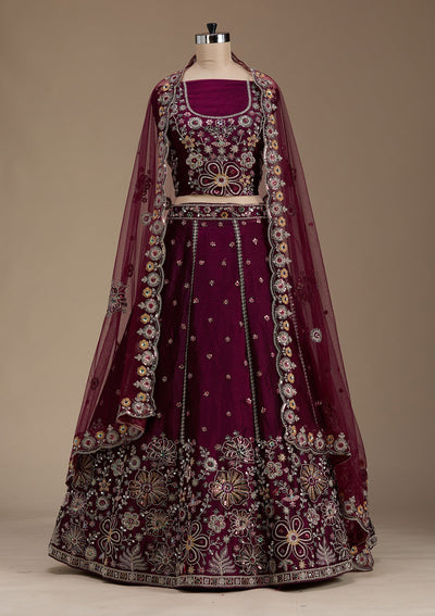 Wine Zariwork Satin Semi-Stitched Lehenga-koskii