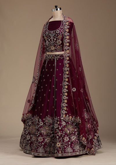 Wine Zariwork Satin Semi-Stitched Lehenga-koskii