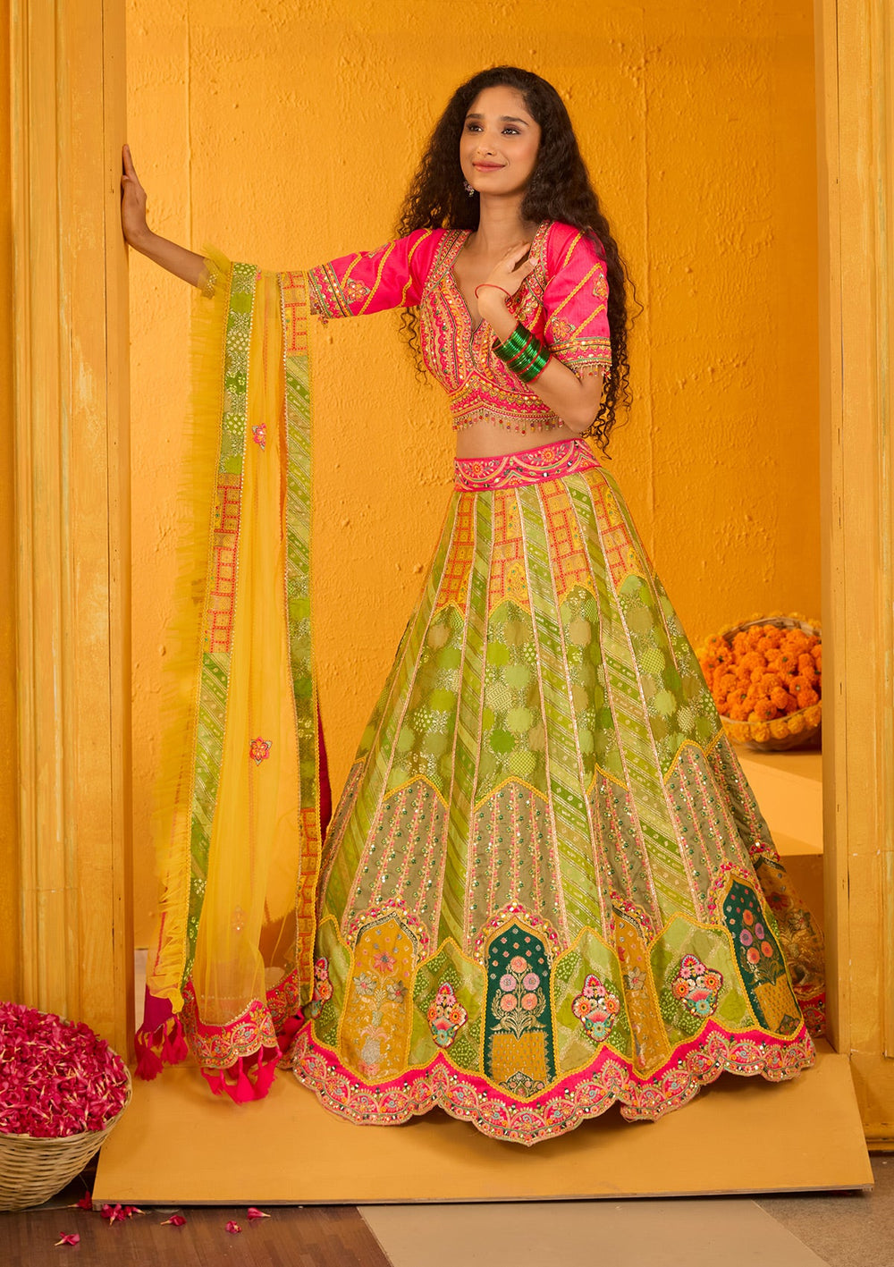 Parrot Green Zariwork Banarasi Readymade Lehenga-Koskii