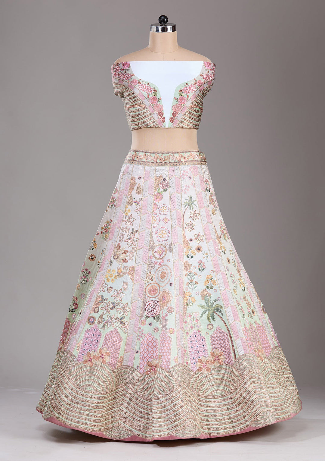 Pista Green Swarovski Raw Silk Readymade Lehenga-Koskii