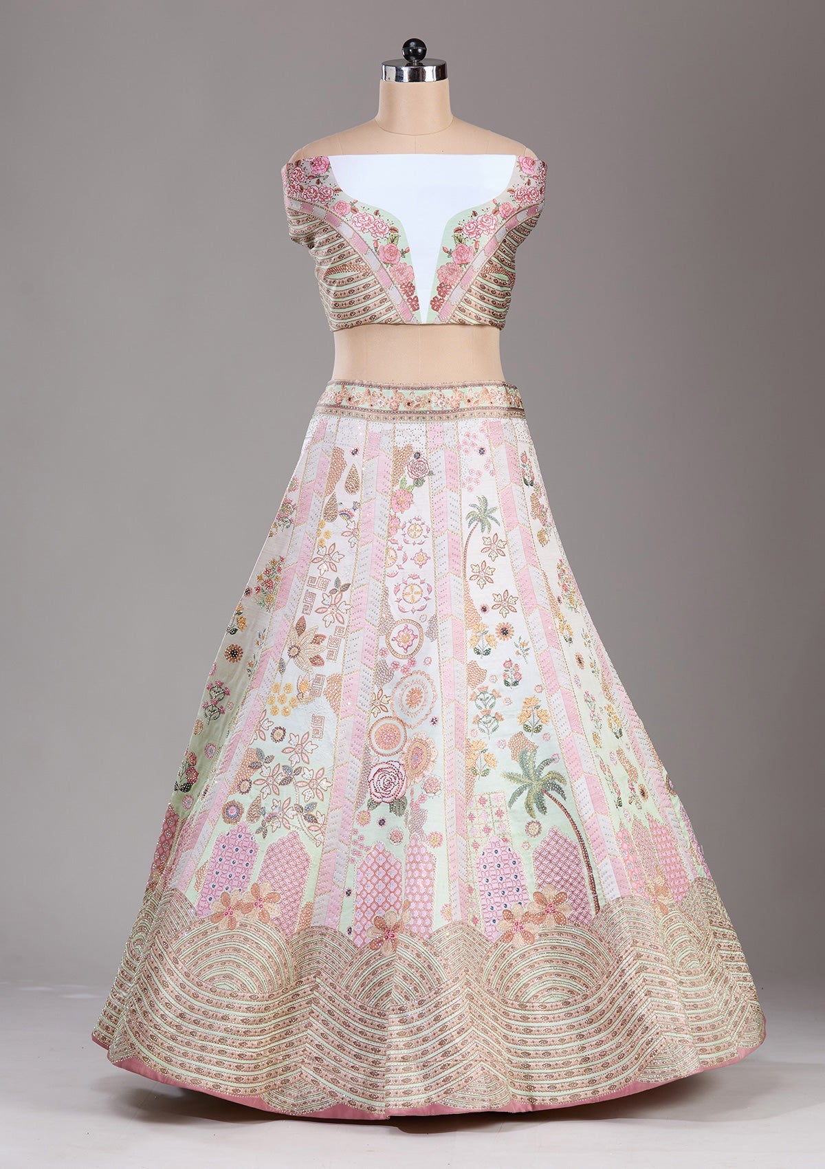 Pista Green Swarovski Raw Silk Readymade Lehenga-Koskii