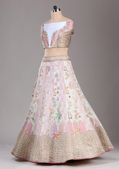Pista Green Swarovski Raw Silk Readymade Lehenga-Koskii