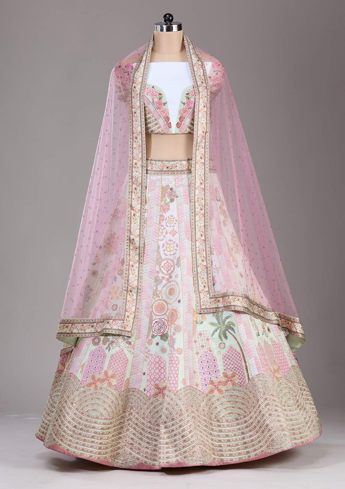 Pista Green Swarovski Raw Silk Readymade Lehenga-Koskii