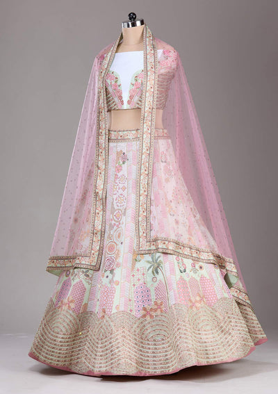 Pista Green Swarovski Raw Silk Readymade Lehenga-Koskii