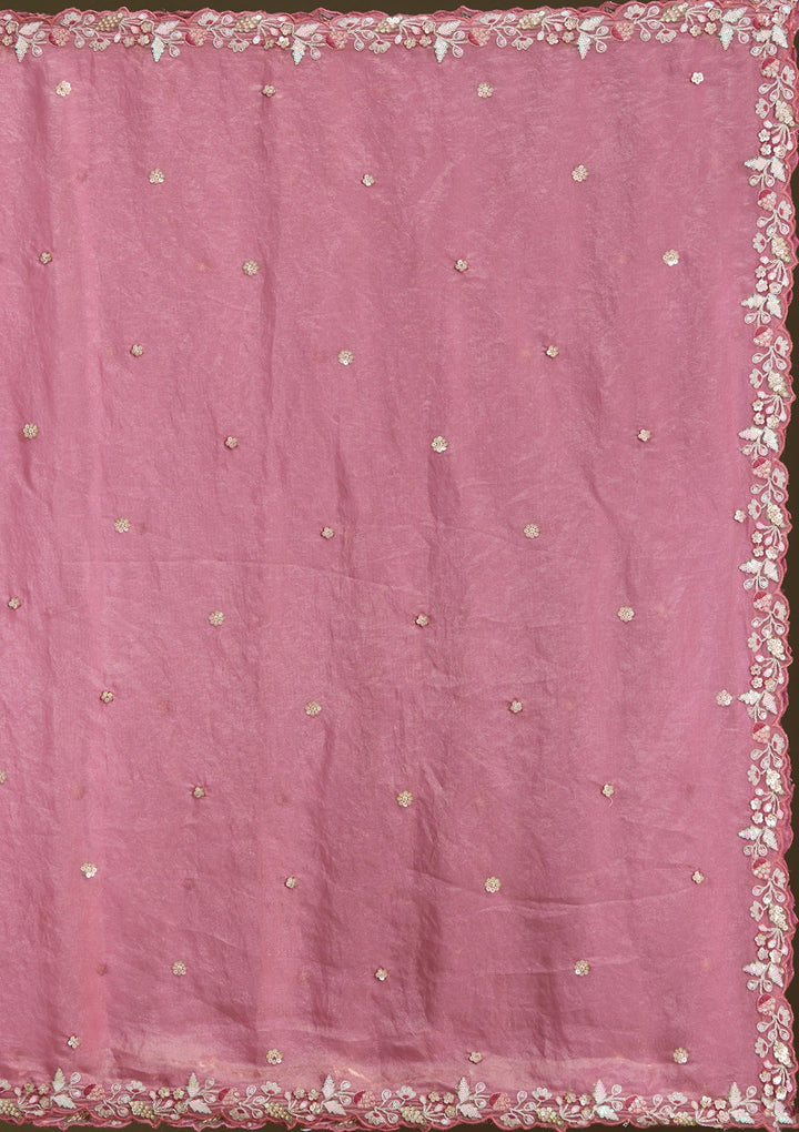 Peach Threadwork Tissue Readymade Lehenga-Koskii