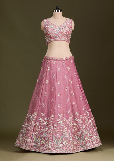 Peach Threadwork Tissue Readymade Lehenga-Koskii