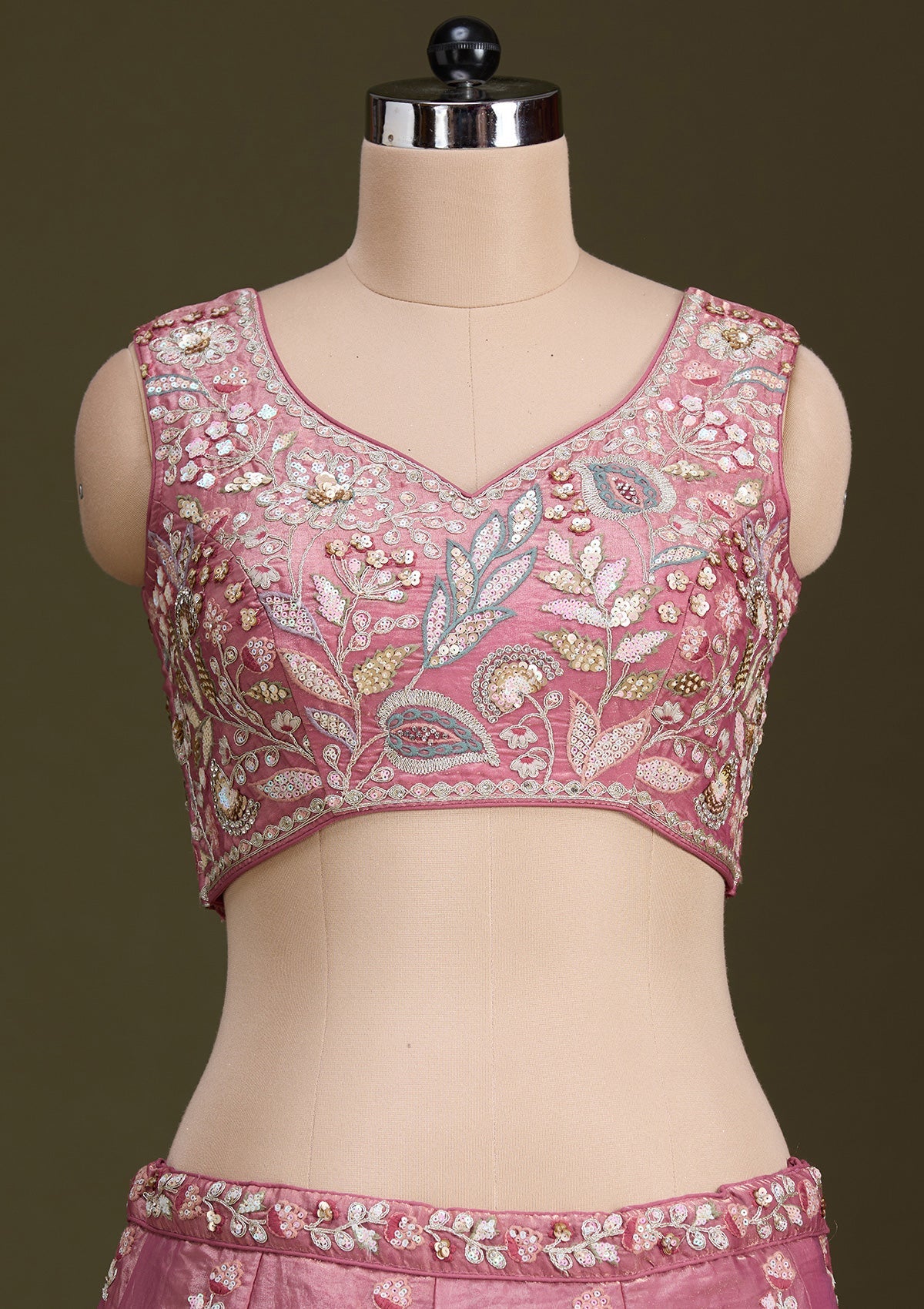 Peach Threadwork Tissue Readymade Lehenga-Koskii