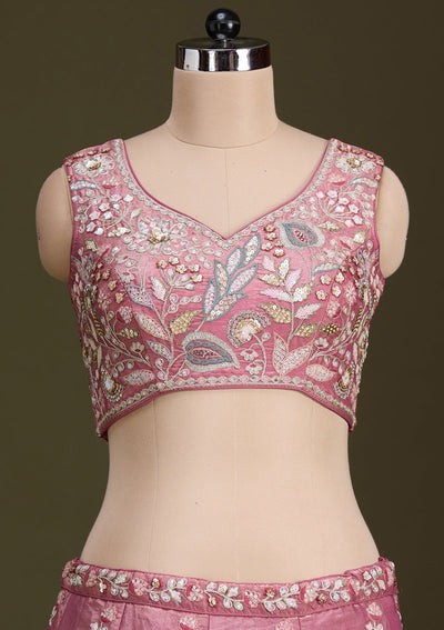 Peach Threadwork Tissue Readymade Lehenga-Koskii