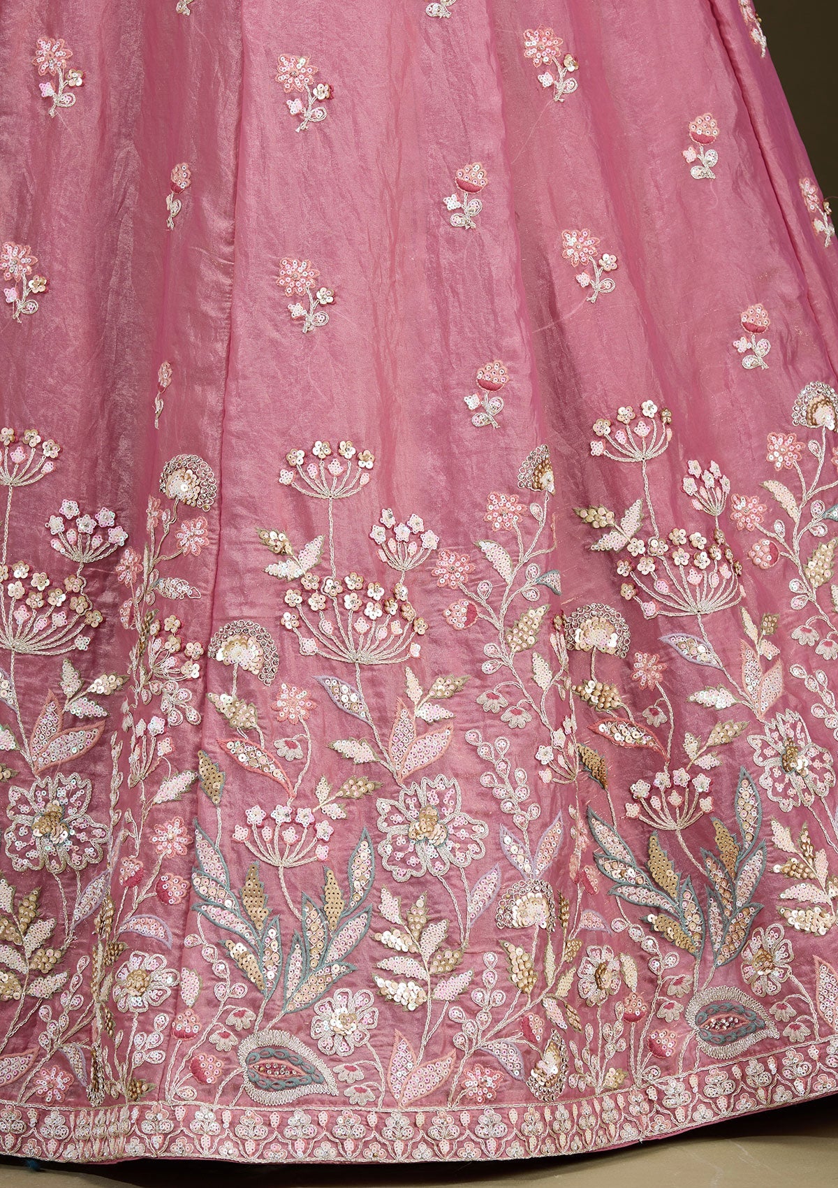 Peach Threadwork Tissue Readymade Lehenga-Koskii