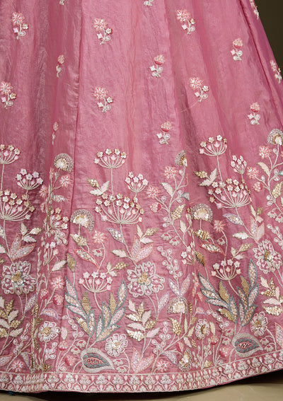 Peach Threadwork Tissue Readymade Lehenga-Koskii