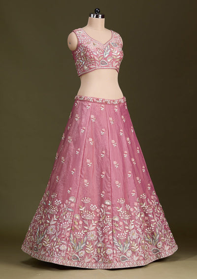 Peach Threadwork Tissue Readymade Lehenga-Koskii