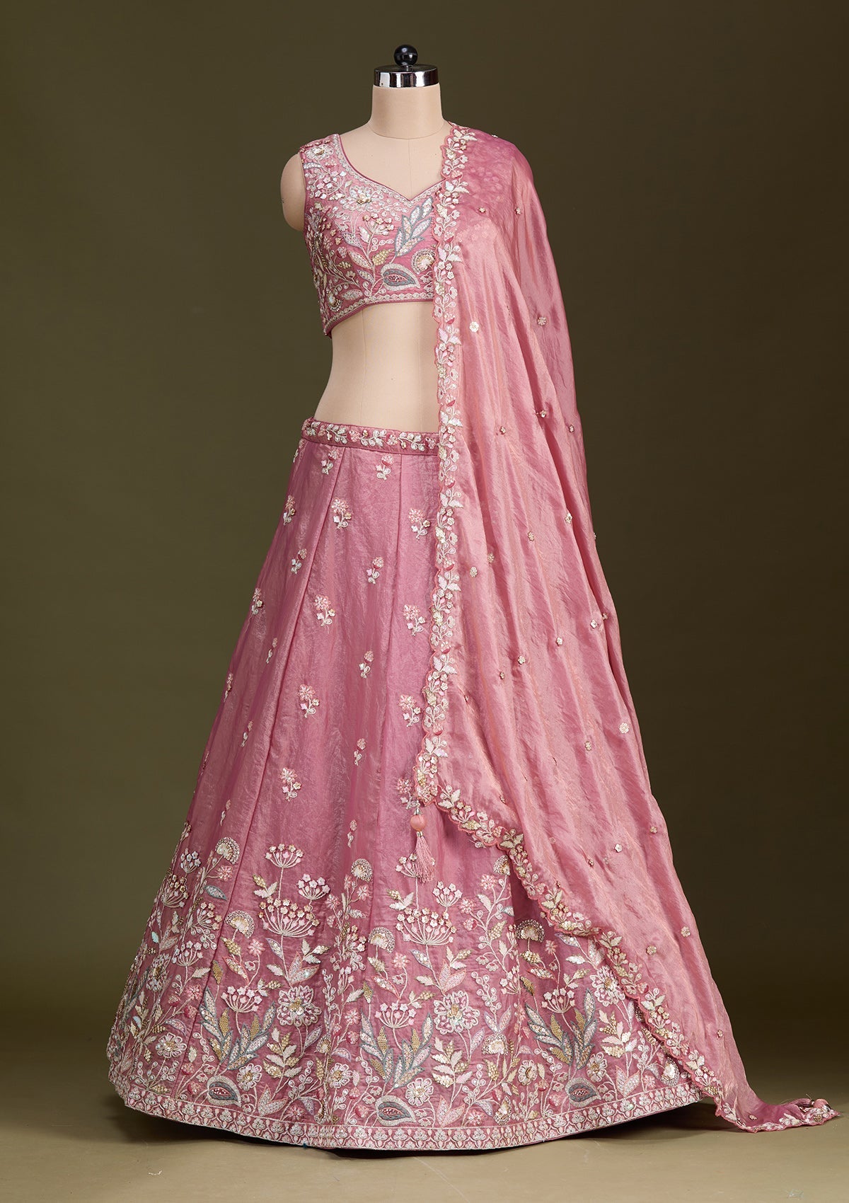 Peach Threadwork Tissue Readymade Lehenga-Koskii