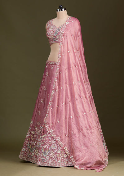 Peach Threadwork Tissue Readymade Lehenga-Koskii