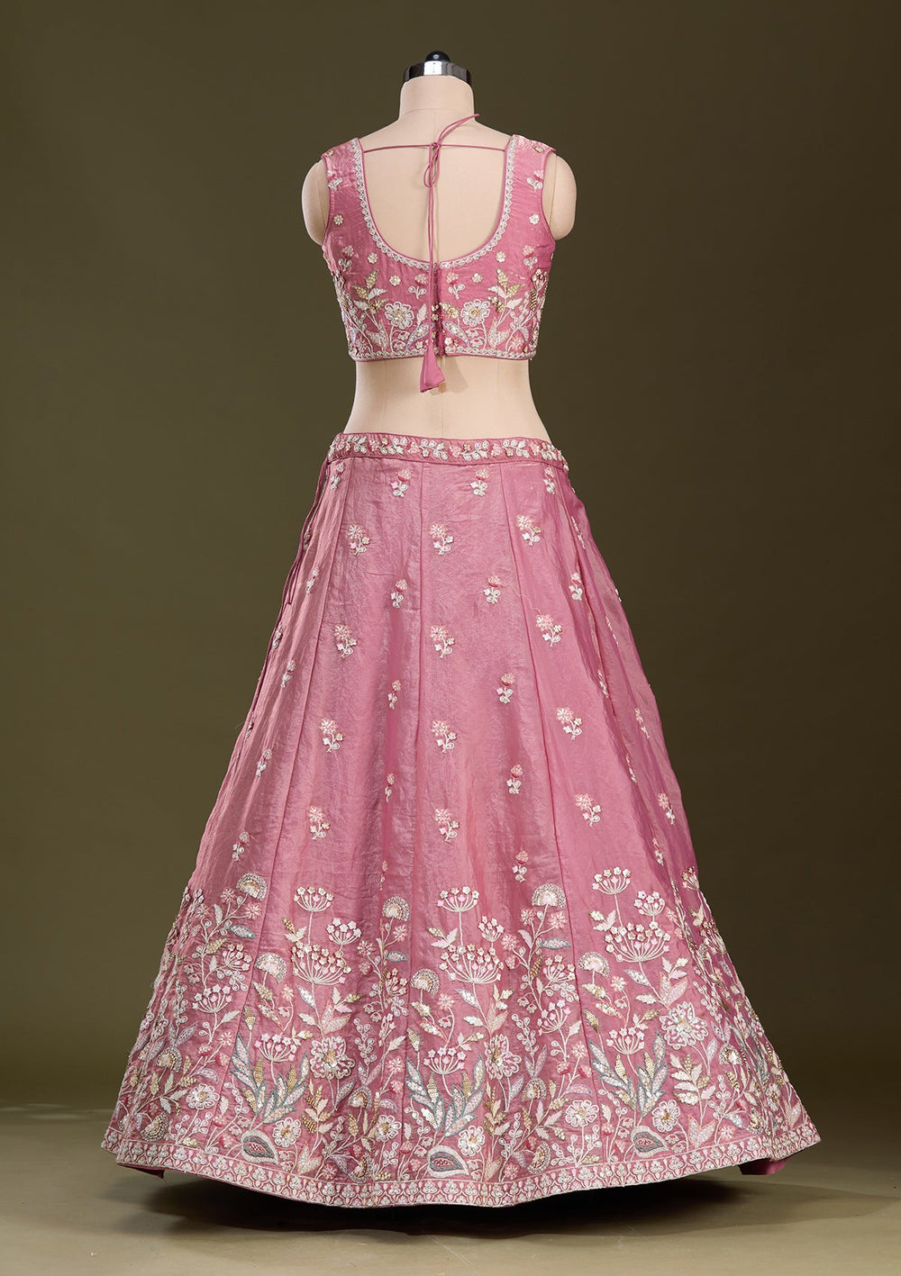 Peach Threadwork Tissue Readymade Lehenga-Koskii