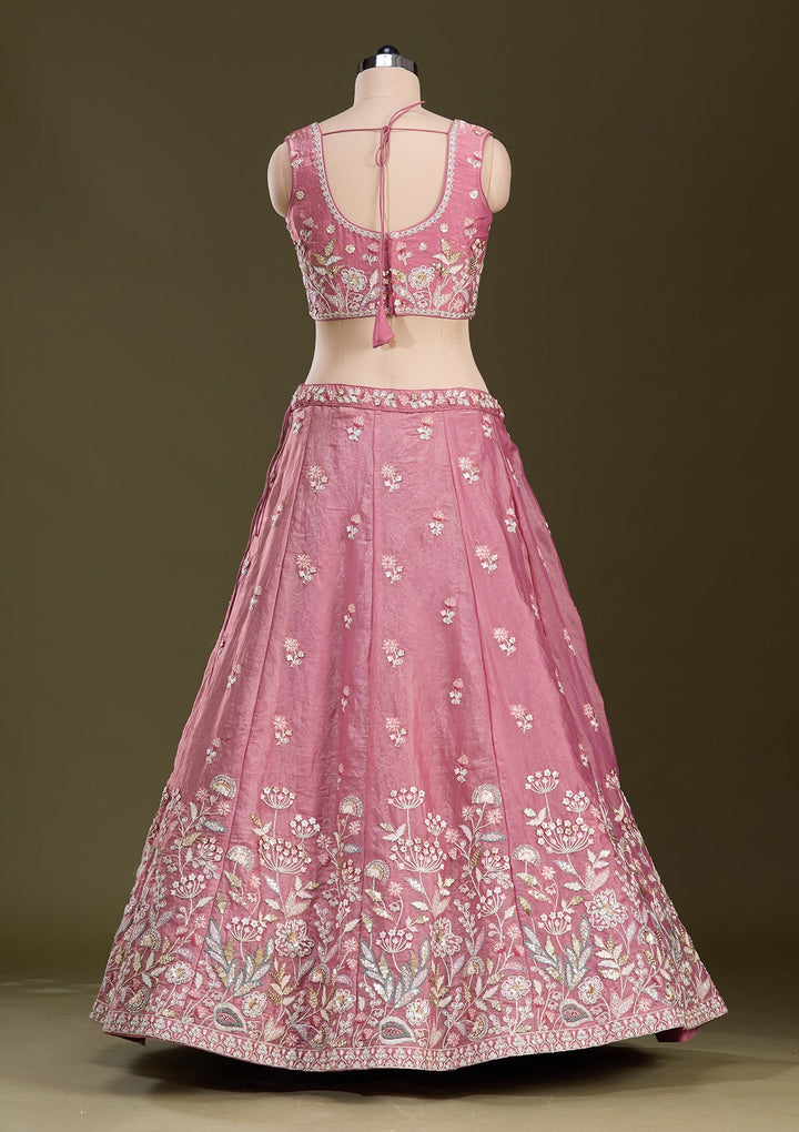 Peach Threadwork Tissue Readymade Lehenga-Koskii