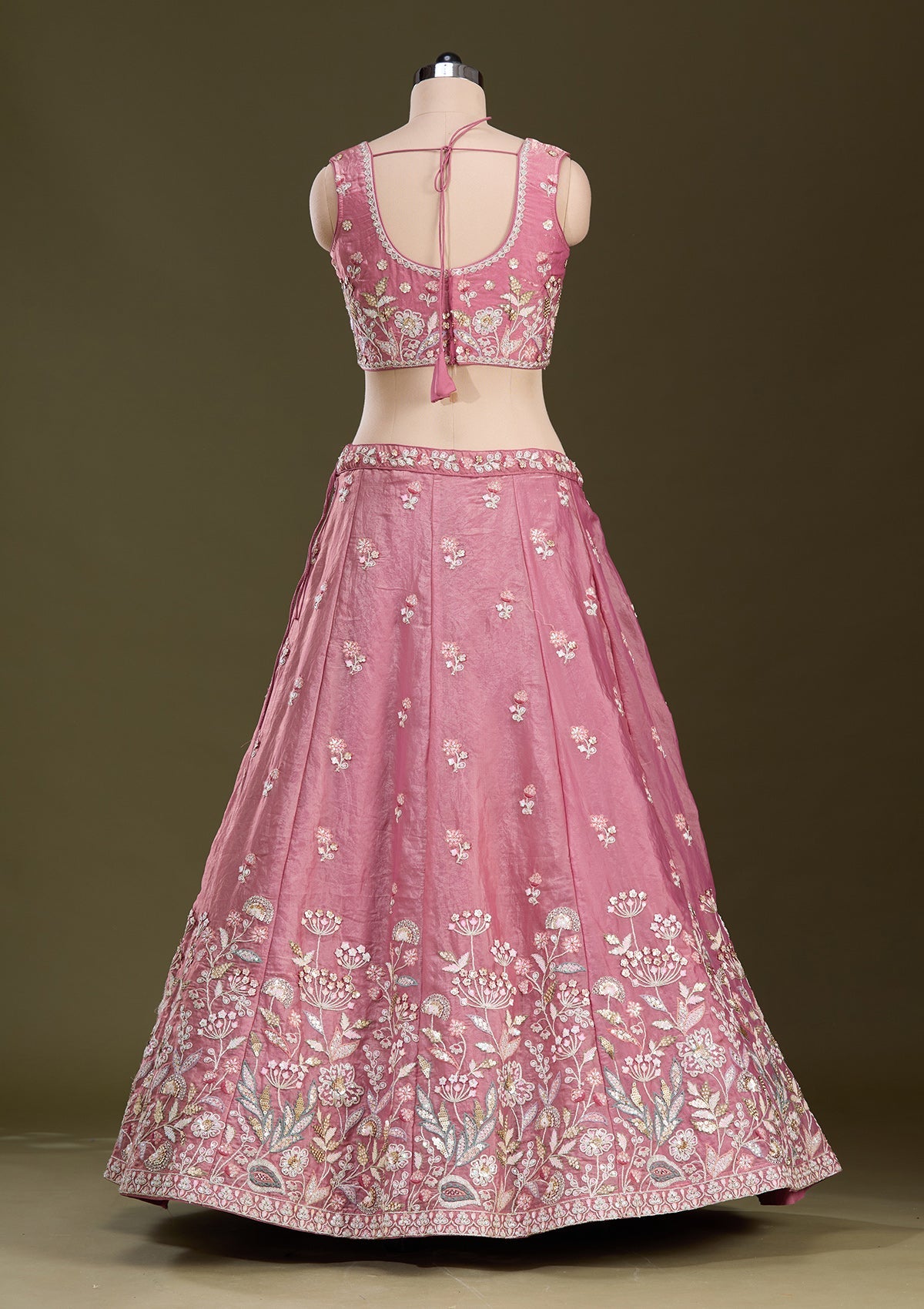 Peach Threadwork Tissue Readymade Lehenga-Koskii