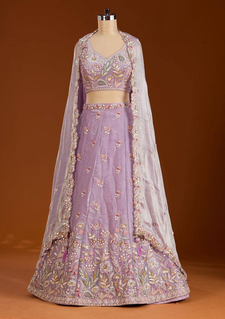 Purple Threadwork Tissue Readymade Lehenga-koskii