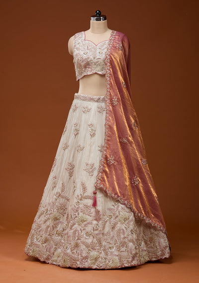 Cream Cording Semi Crepe Readymade Lehenga_Koskii