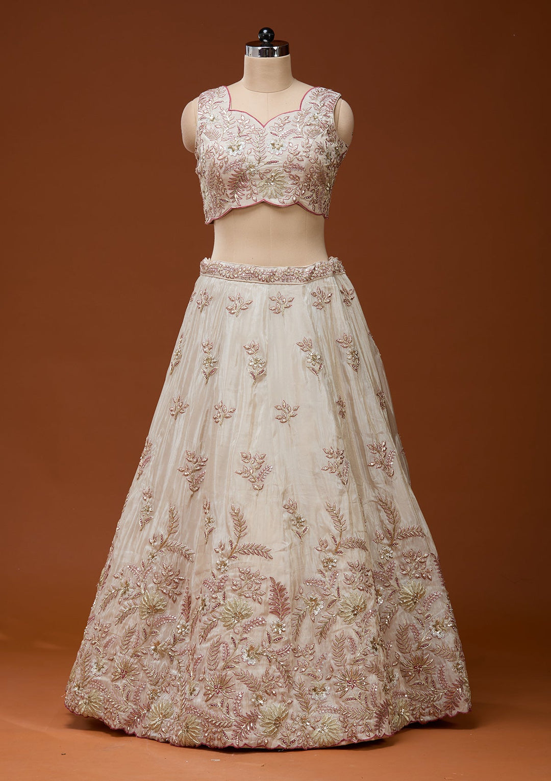 Cream Cording Semi Crepe Readymade Lehenga_Koskii