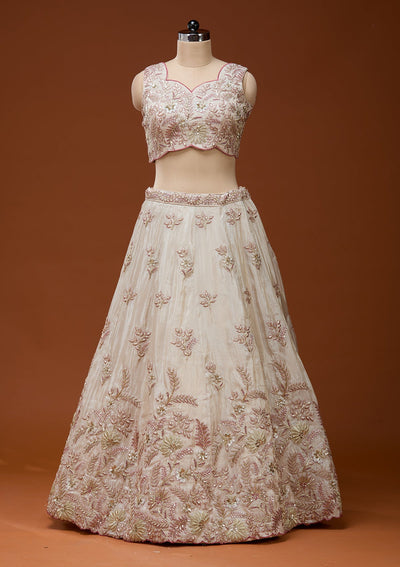 Cream Cording Semi Crepe Readymade Lehenga_Koskii