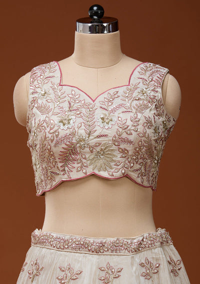 Cream Cording Semi Crepe Readymade Lehenga_Koskii