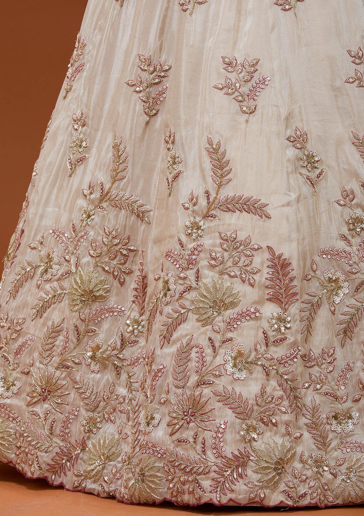 Cream Cording Semi Crepe Readymade Lehenga_Koskii