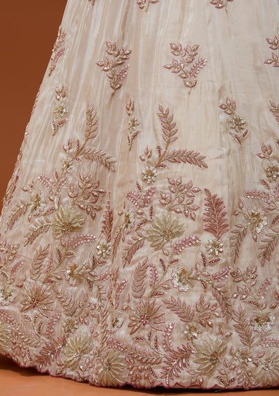 Cream Cording Semi Crepe Readymade Lehenga_Koskii