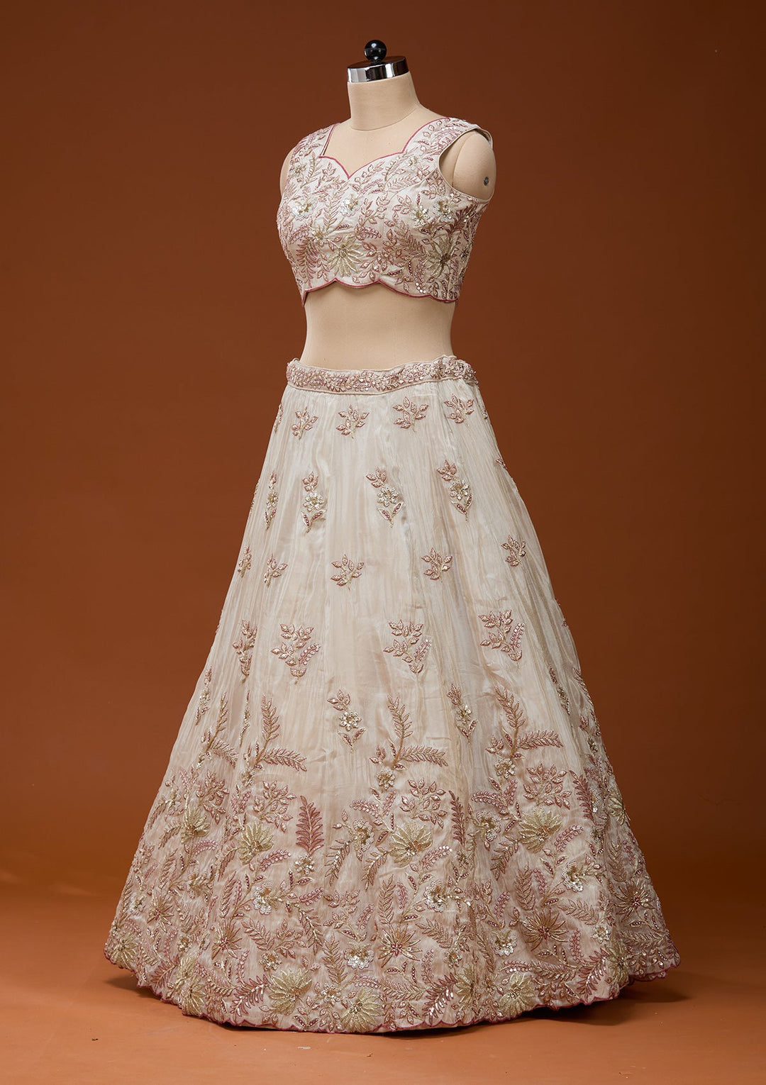 Cream Cording Semi Crepe Readymade Lehenga_Koskii