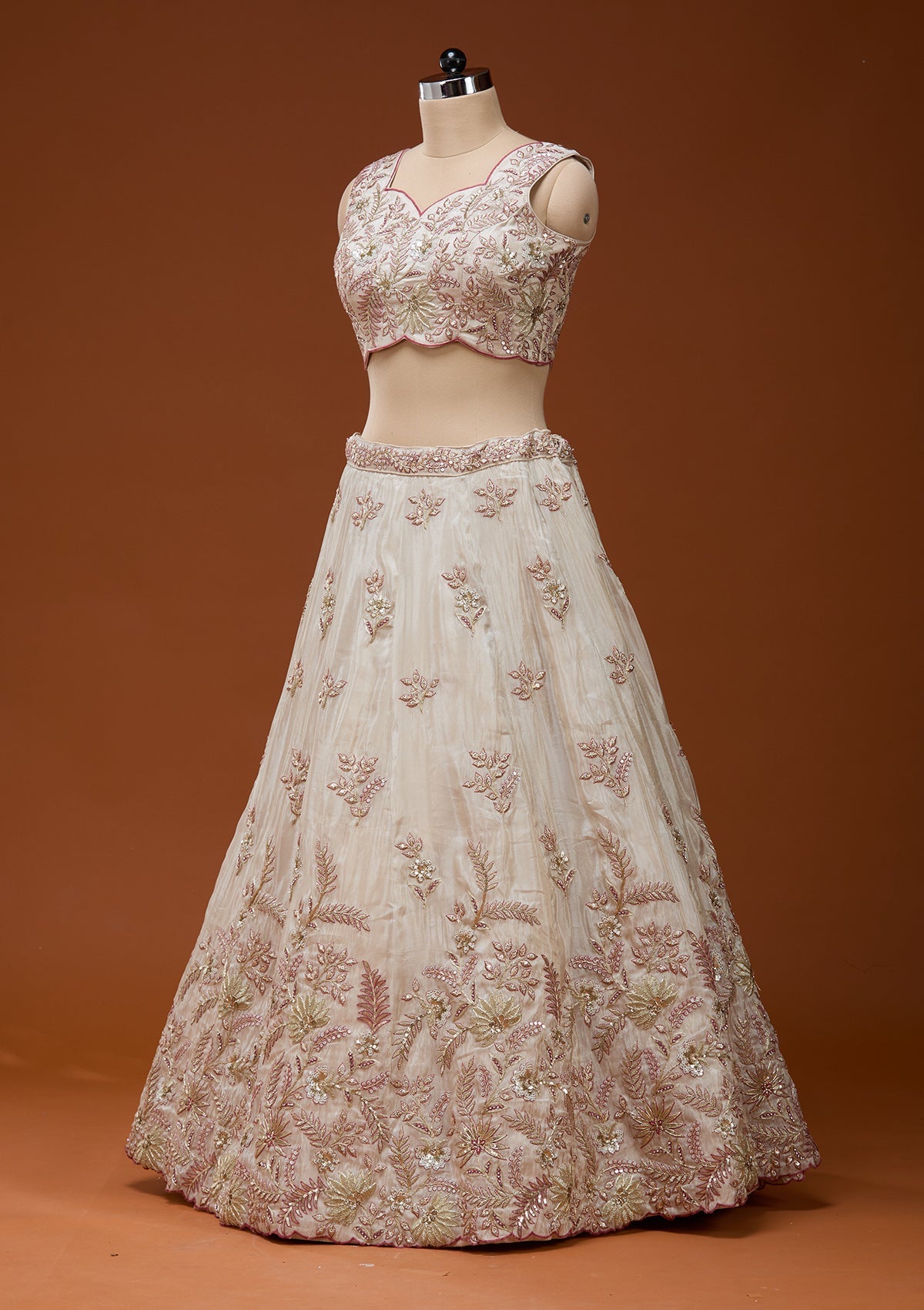 Cream Cording Semi Crepe Readymade Lehenga_Koskii