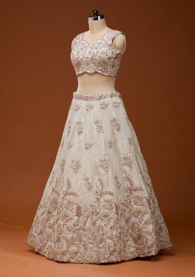 Cream Cording Semi Crepe Readymade Lehenga_Koskii