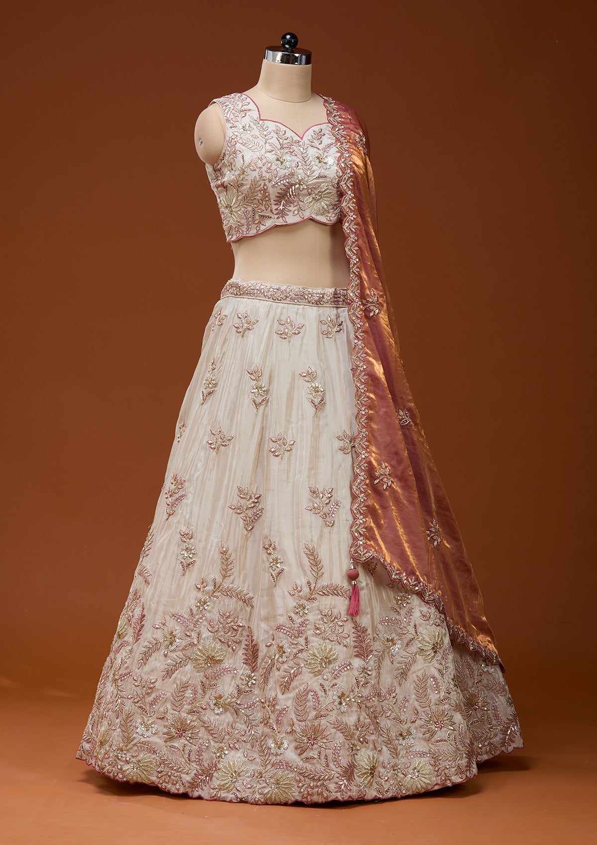 Cream Cording Semi Crepe Readymade Lehenga_Koskii
