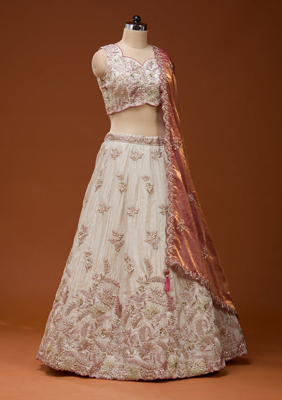 Cream Cording Semi Crepe Readymade Lehenga_Koskii