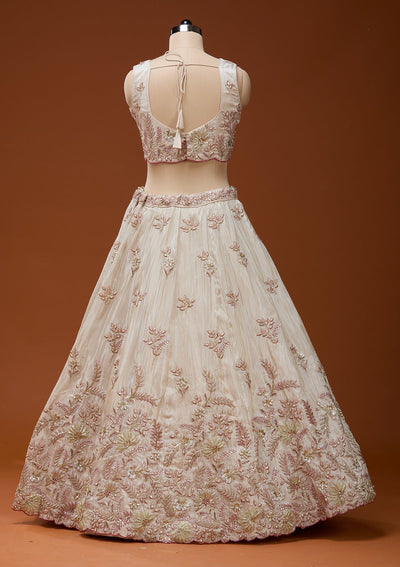 Cream Cording Semi Crepe Readymade Lehenga_Koskii