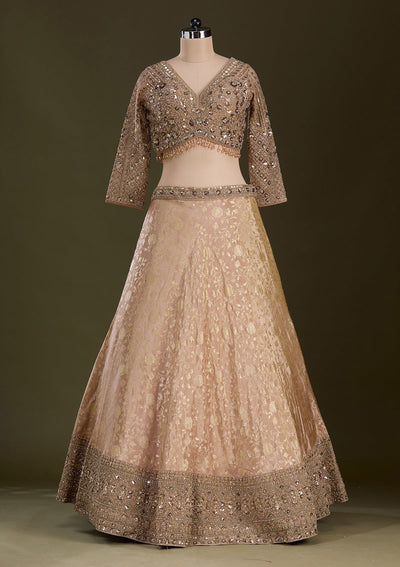 Beige Cording Dola Silk Readymade Lehenga-Koskii