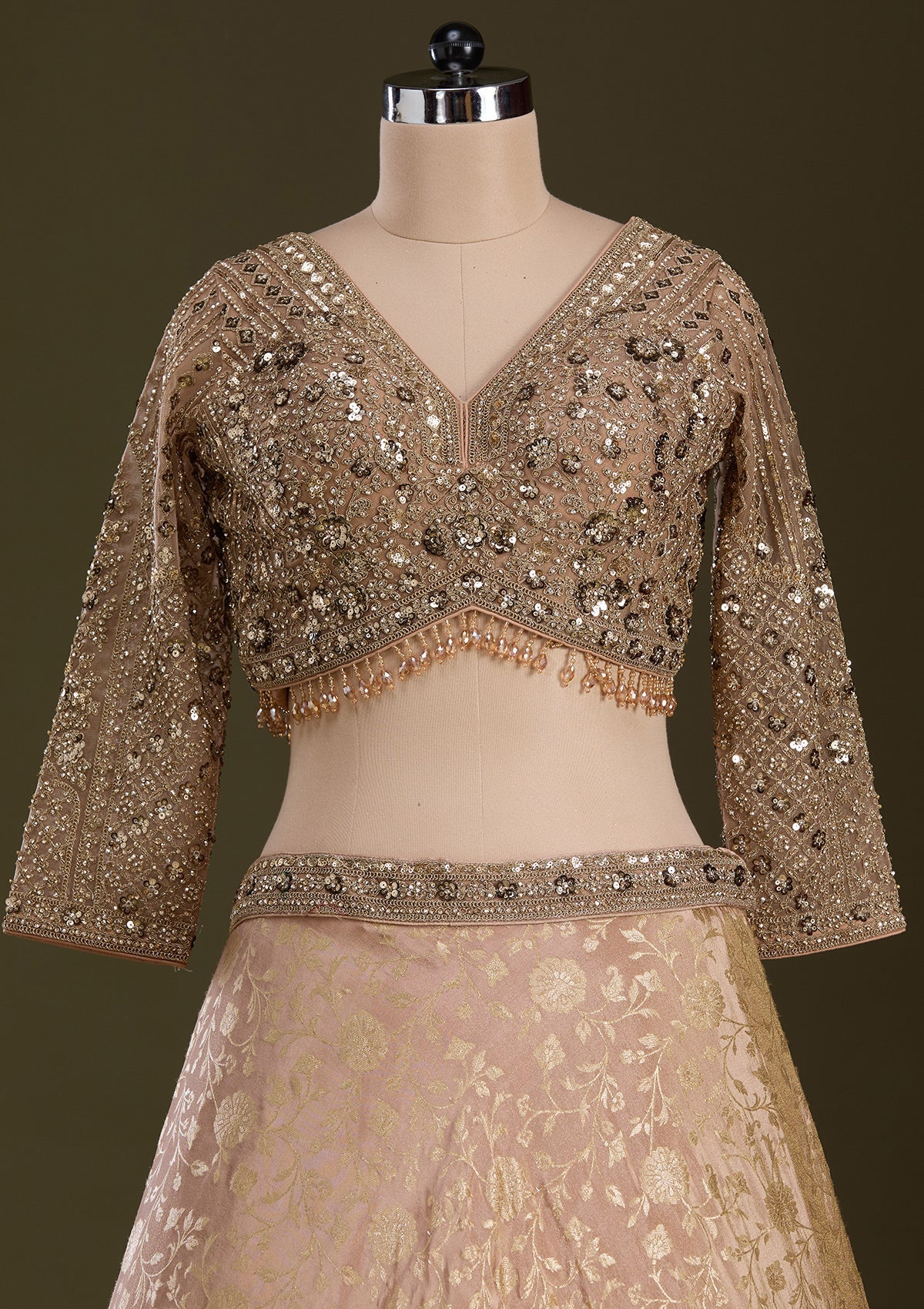 Beige Cording Dola Silk Readymade Lehenga-Koskii