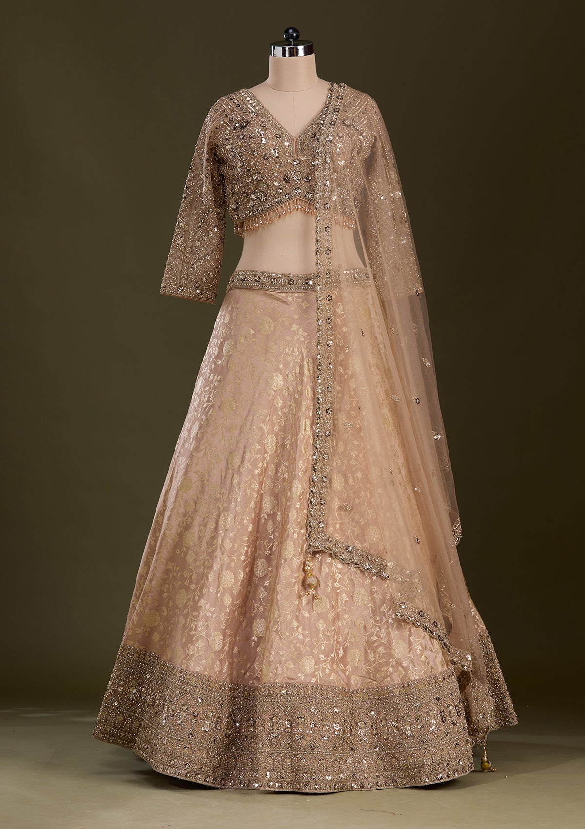 Beige Cording Dola Silk Readymade Lehenga-Koskii