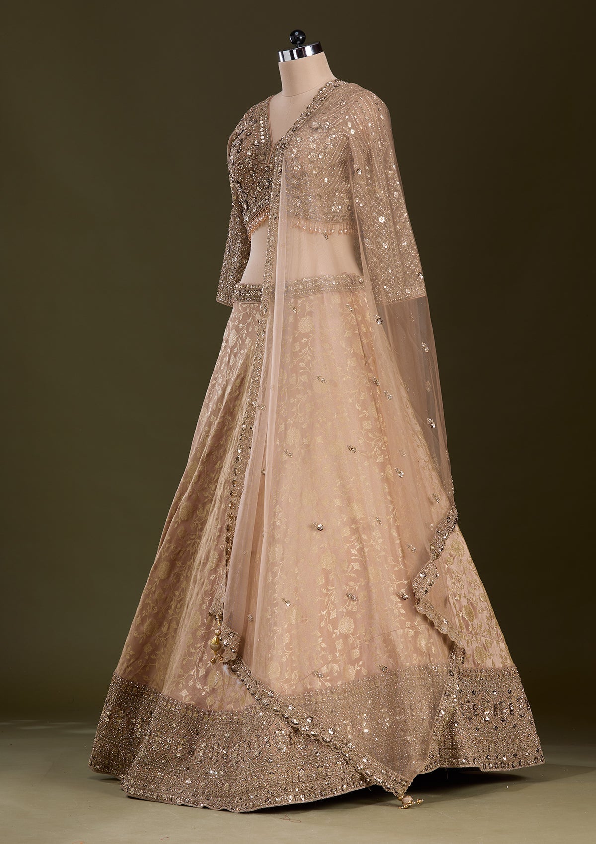 Beige Cording Dola Silk Readymade Lehenga-Koskii