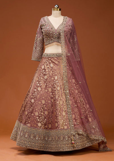 Onion Pink Zariwork (Silver) Banarasi Readymade Lehenga_Koskii