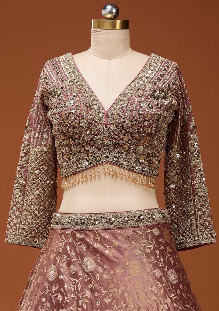 Onion Pink Zariwork (Silver) Banarasi Readymade Lehenga_Koskii