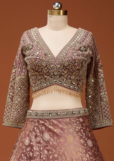 Onion Pink Zariwork (Silver) Banarasi Readymade Lehenga_Koskii