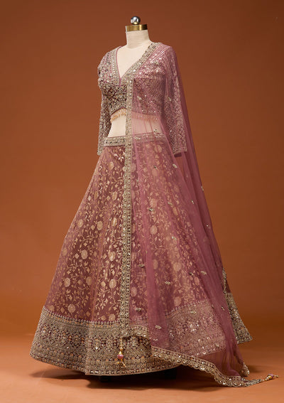 Onion Pink Zariwork (Silver) Banarasi Readymade Lehenga_Koskii
