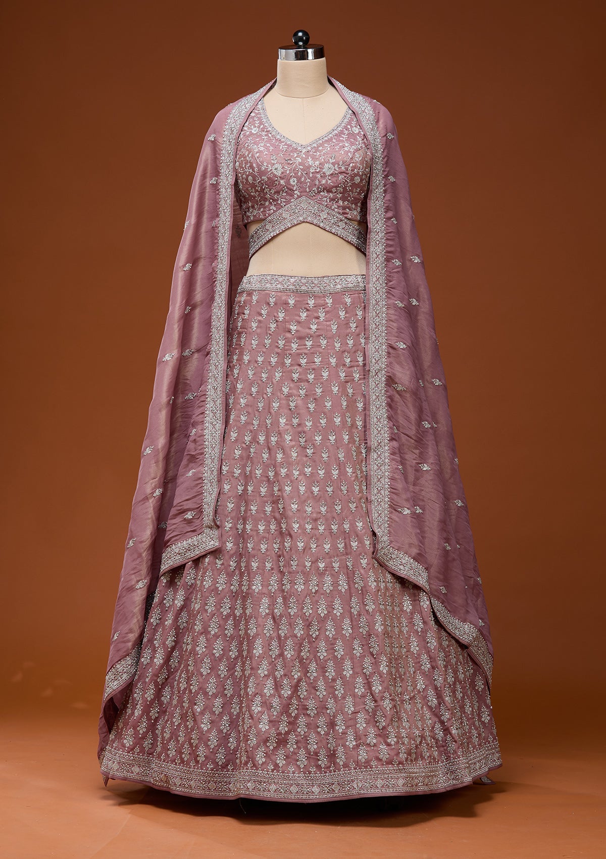 Brown Zariwork (Silver) Semi Crepe Readymade Lehenga_Koskii