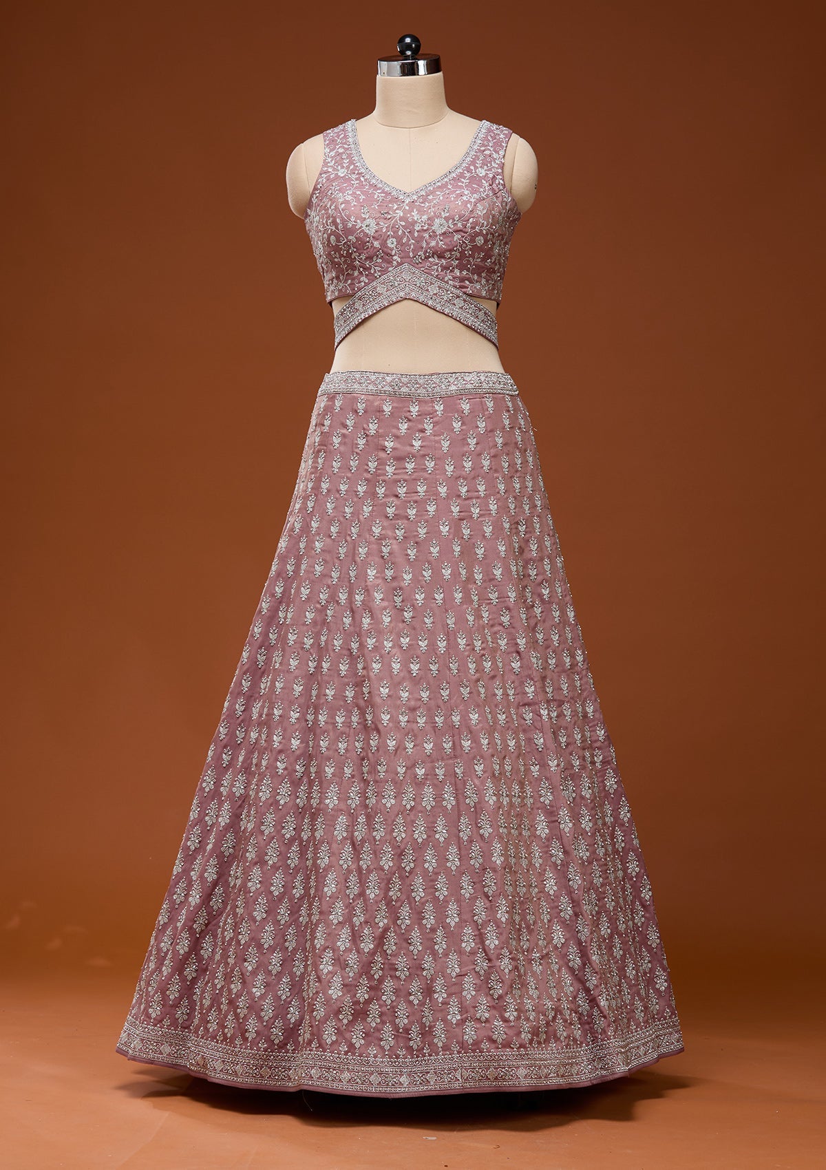 Brown Zariwork (Silver) Semi Crepe Readymade Lehenga_Koskii