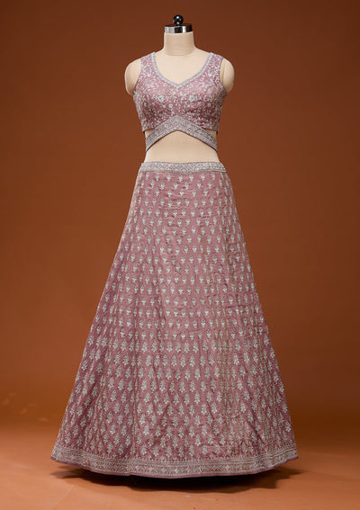 Brown Zariwork (Silver) Semi Crepe Readymade Lehenga_Koskii