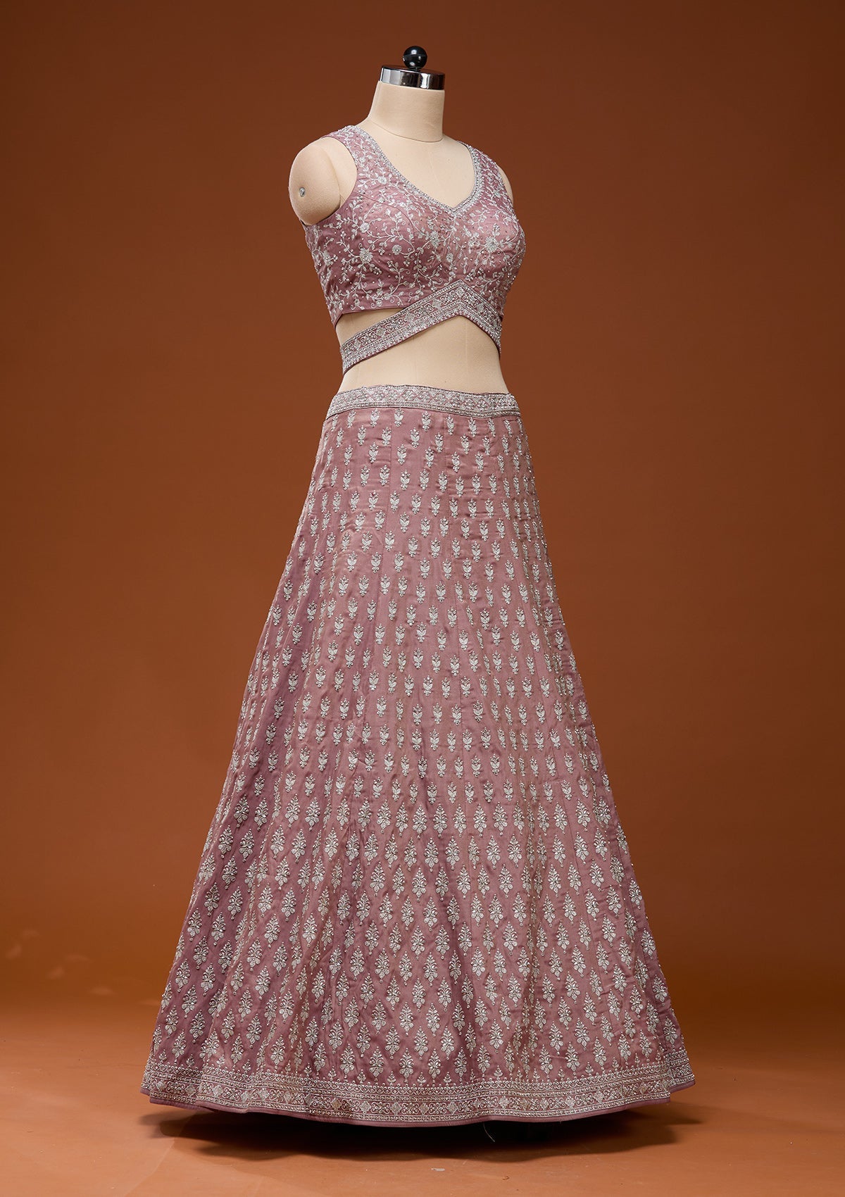 Brown Zariwork (Silver) Semi Crepe Readymade Lehenga_Koskii