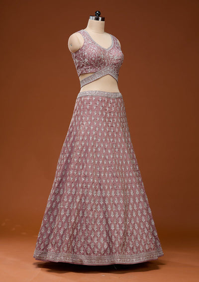 Brown Zariwork (Silver) Semi Crepe Readymade Lehenga_Koskii